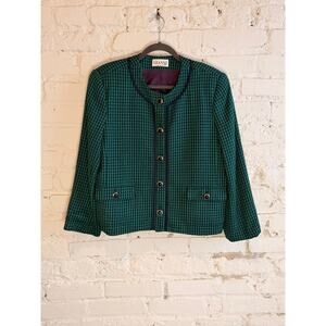 GIANNI Sport Green Black Houndstooth Wool Blend Blazer Women’s 14 USA Vintage